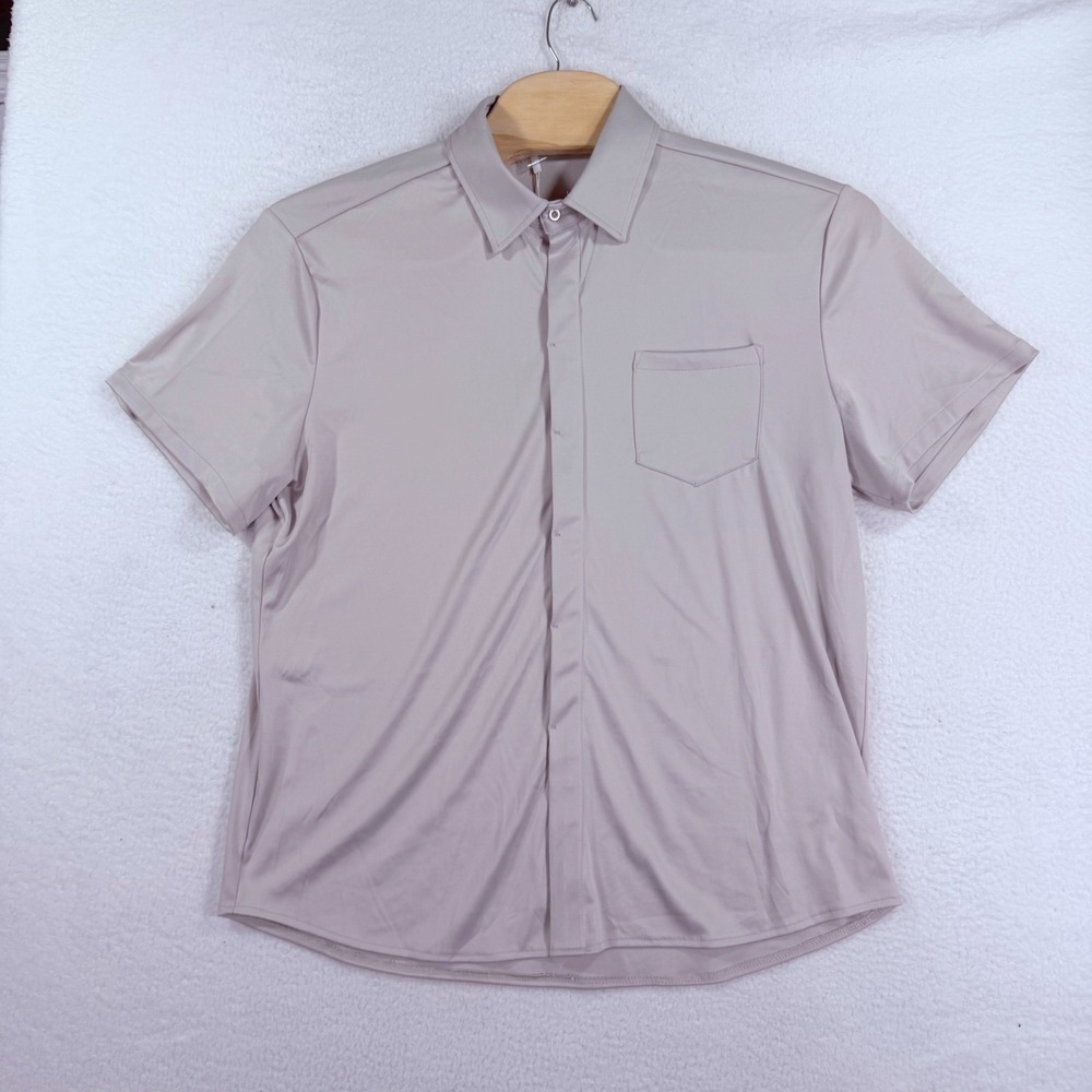COOFANDY Button Down Shirt Mens XL Beige Short Sleeve Stretch Performance Pocket